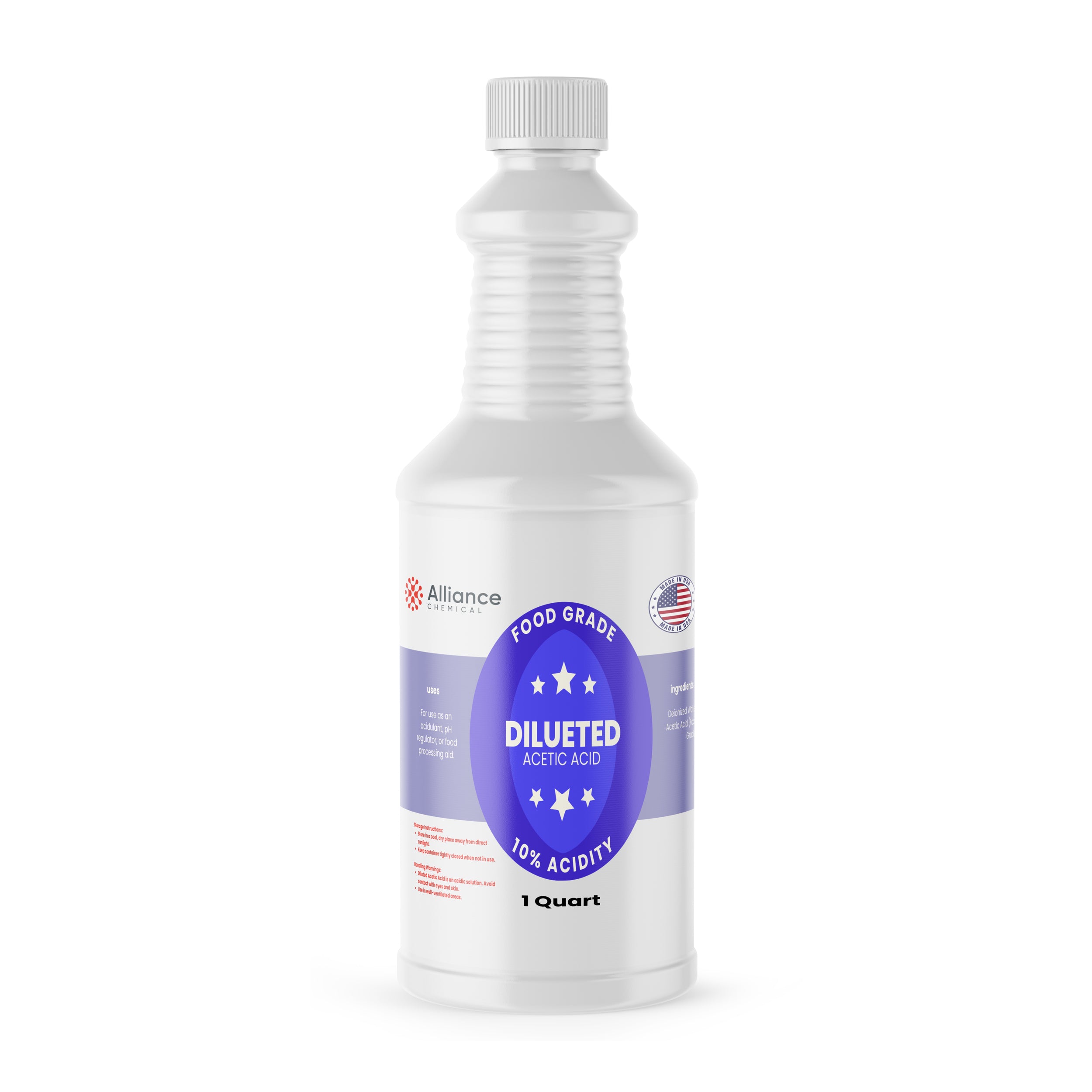 Alliance Chemical 10% diluted acetic acid food grade in clear 1 quart HDPE bottle with a secure cap